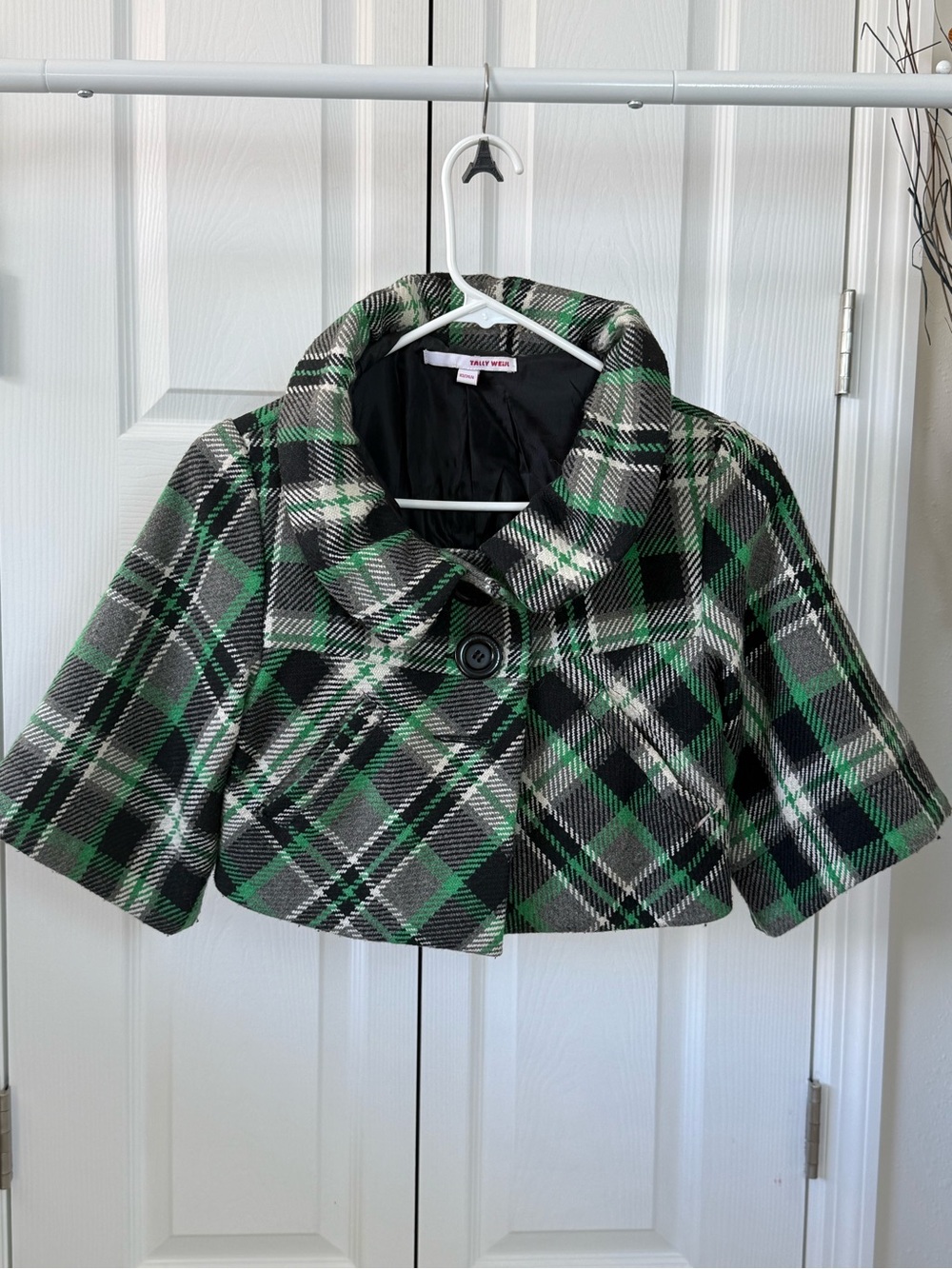 Talley & Twine Green Plaid Cropped Cape Jacket